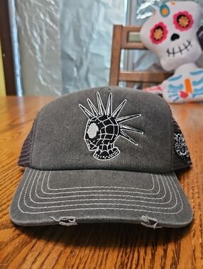 Spiderman Gray and Black Punk Skull Mesh Back Trucker Hat
